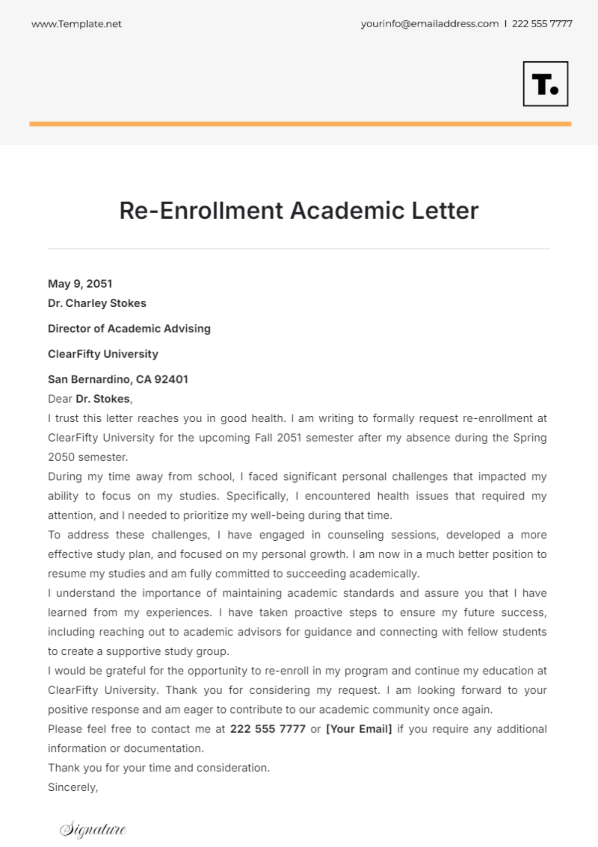 Re-Enrollment Academic Letter Template - Edit Online & Download