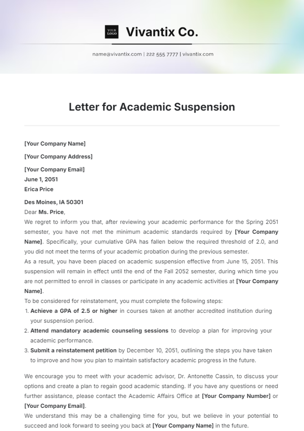 Letter for Academic Suspension Template - Edit Online & Download