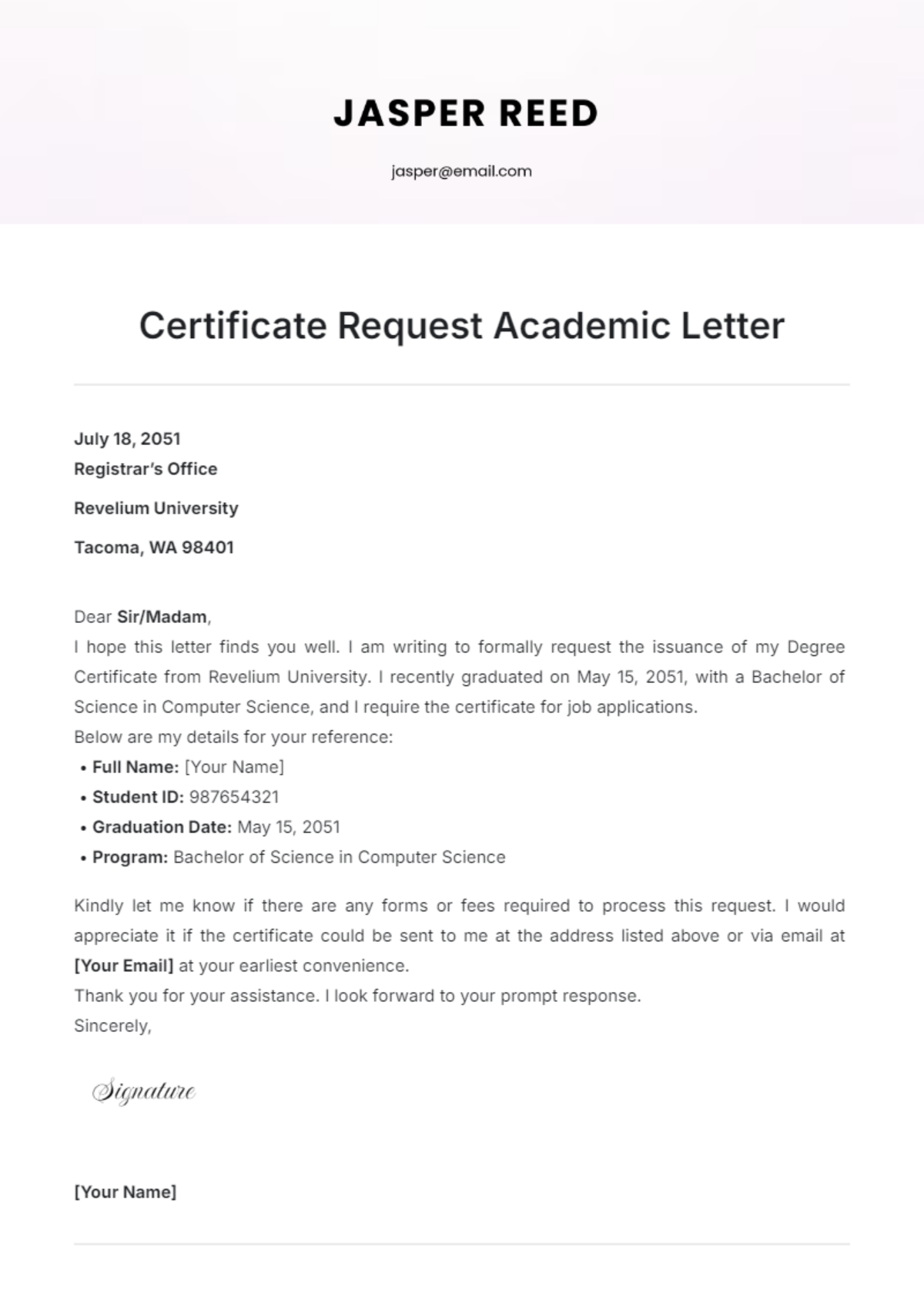 Certificate Request Academic Letter Template - Edit Online & Download