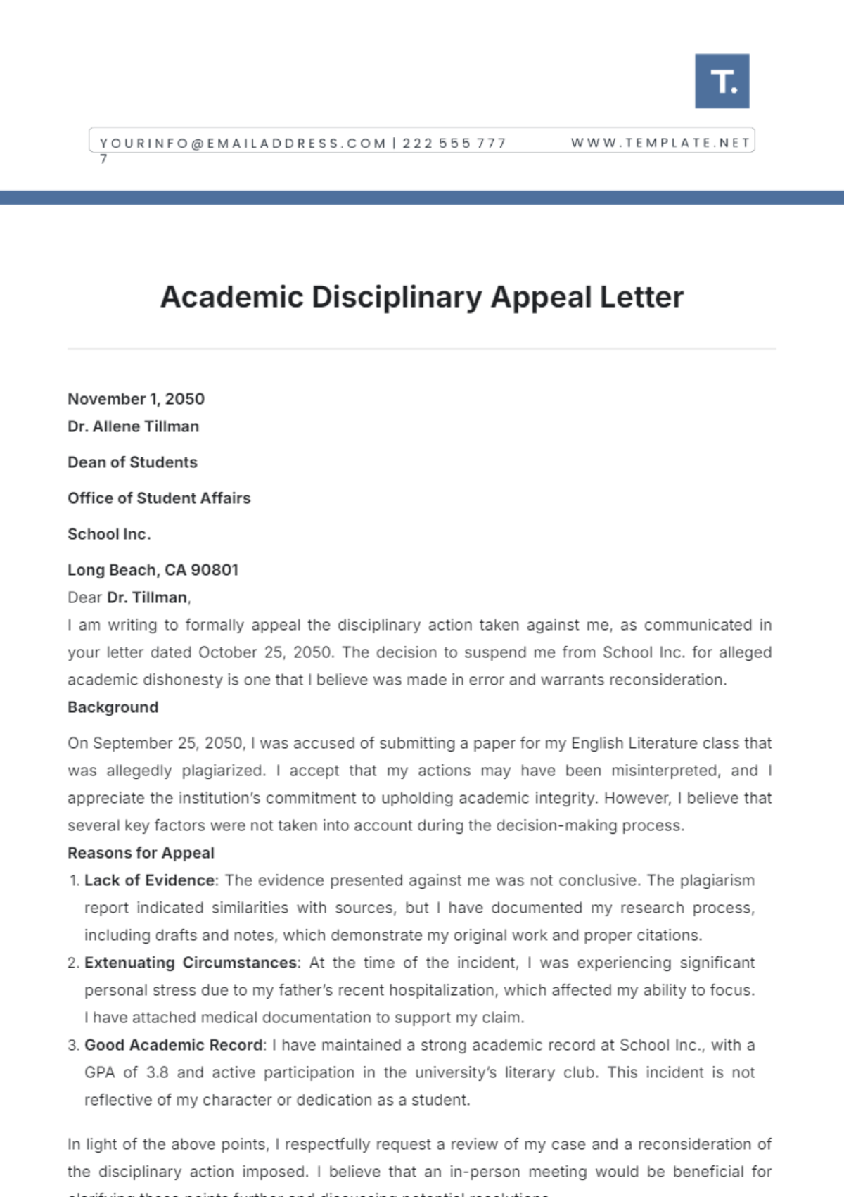 Academic Disciplinary Appeal Letter Template - Edit Online & Download