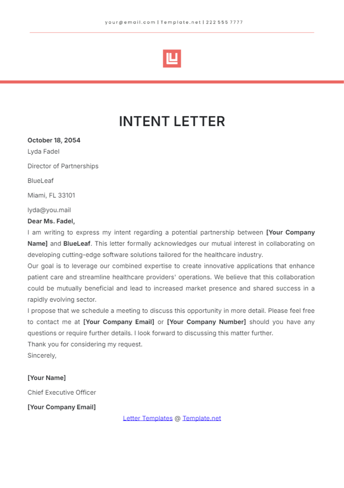 Intent Letter Template - Edit Online & Download