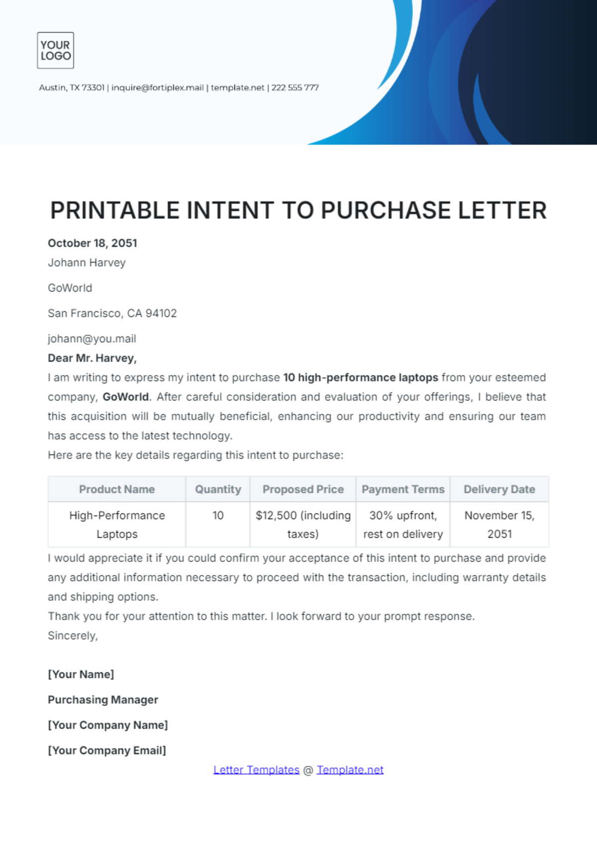 Printable Intent to Purchase Letter Template - Edit Online & Download