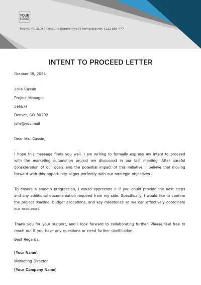 Free Intent to Proceed Letter Template to Edit Online