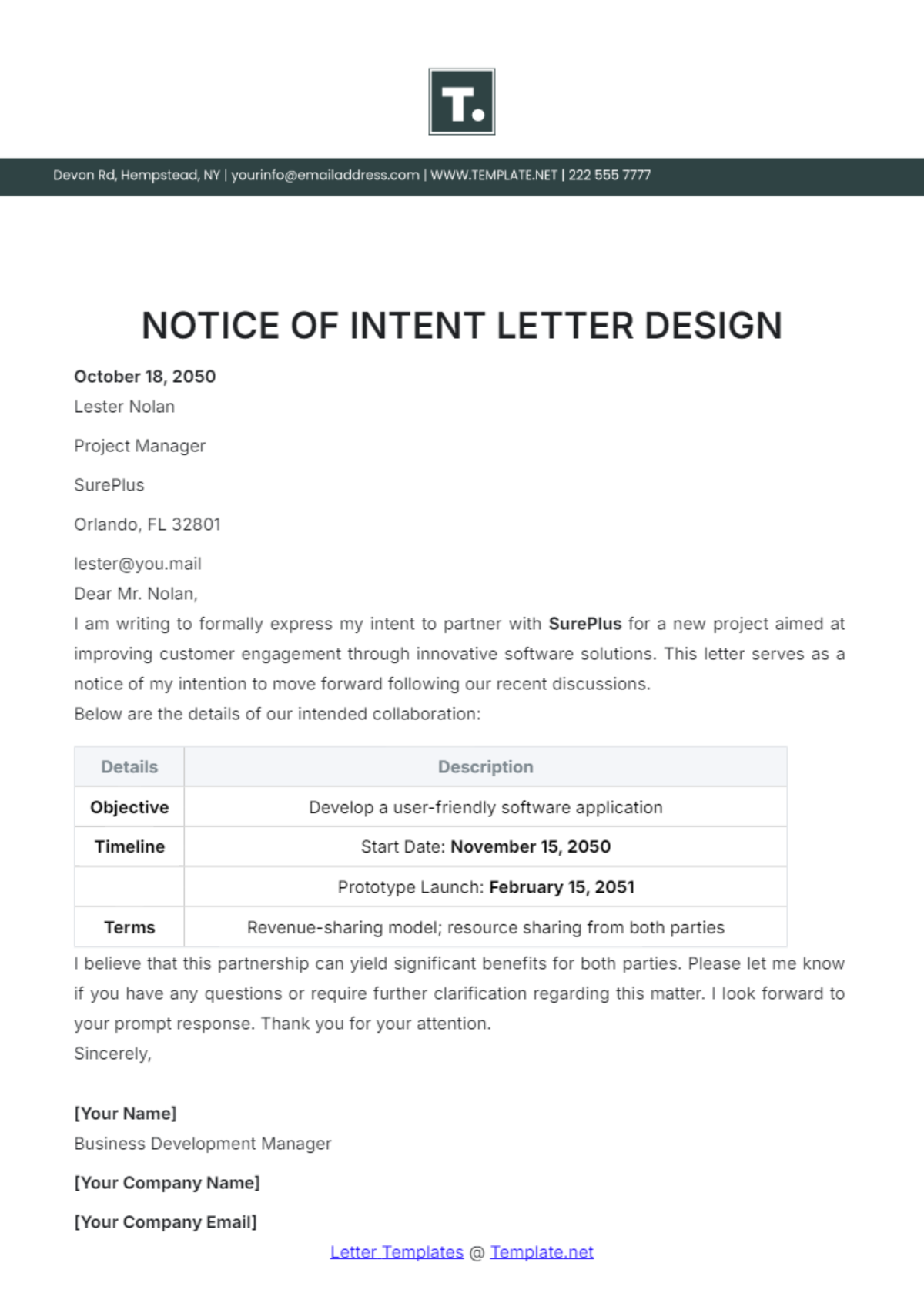 Notice of Intent Letter Design Template - Edit Online & Download