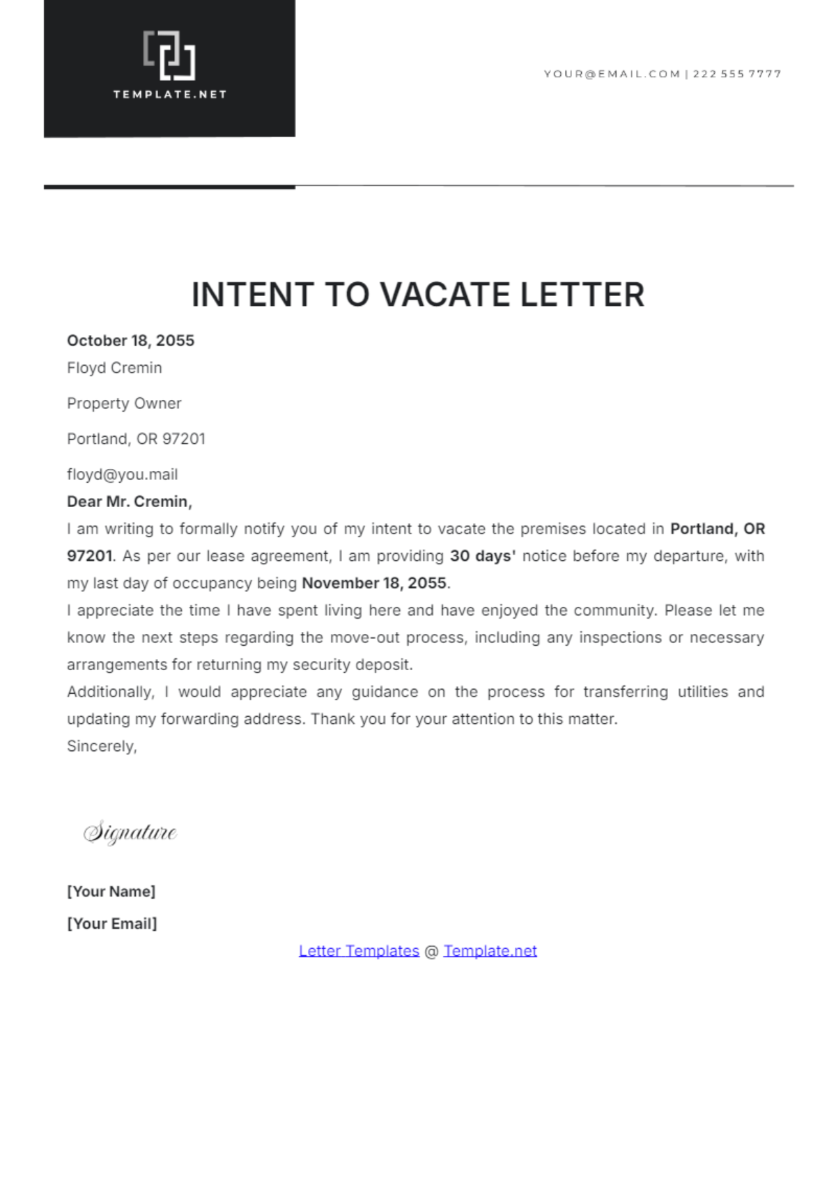 Intent to Vacate Letter Template - Edit Online & Download