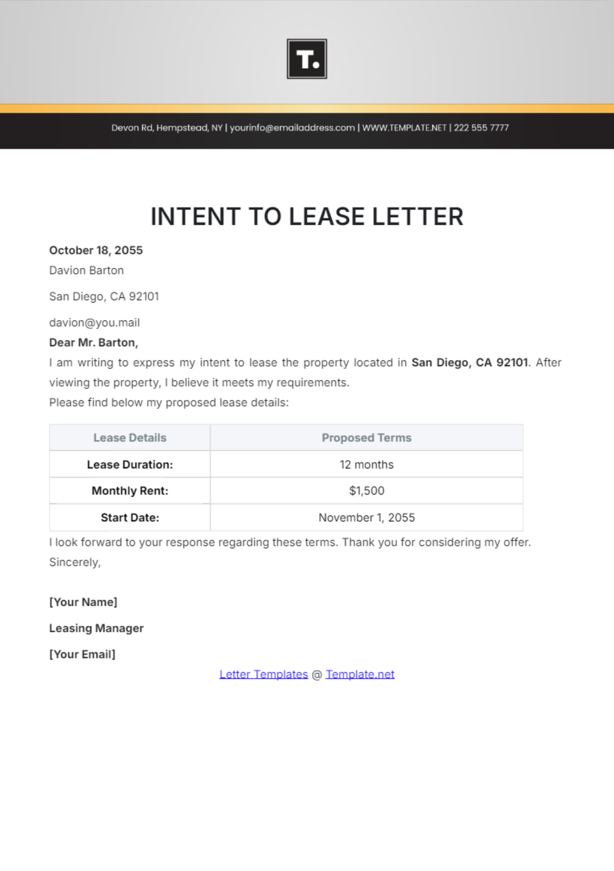 Intent to Lease Letter Template - Edit Online & Download