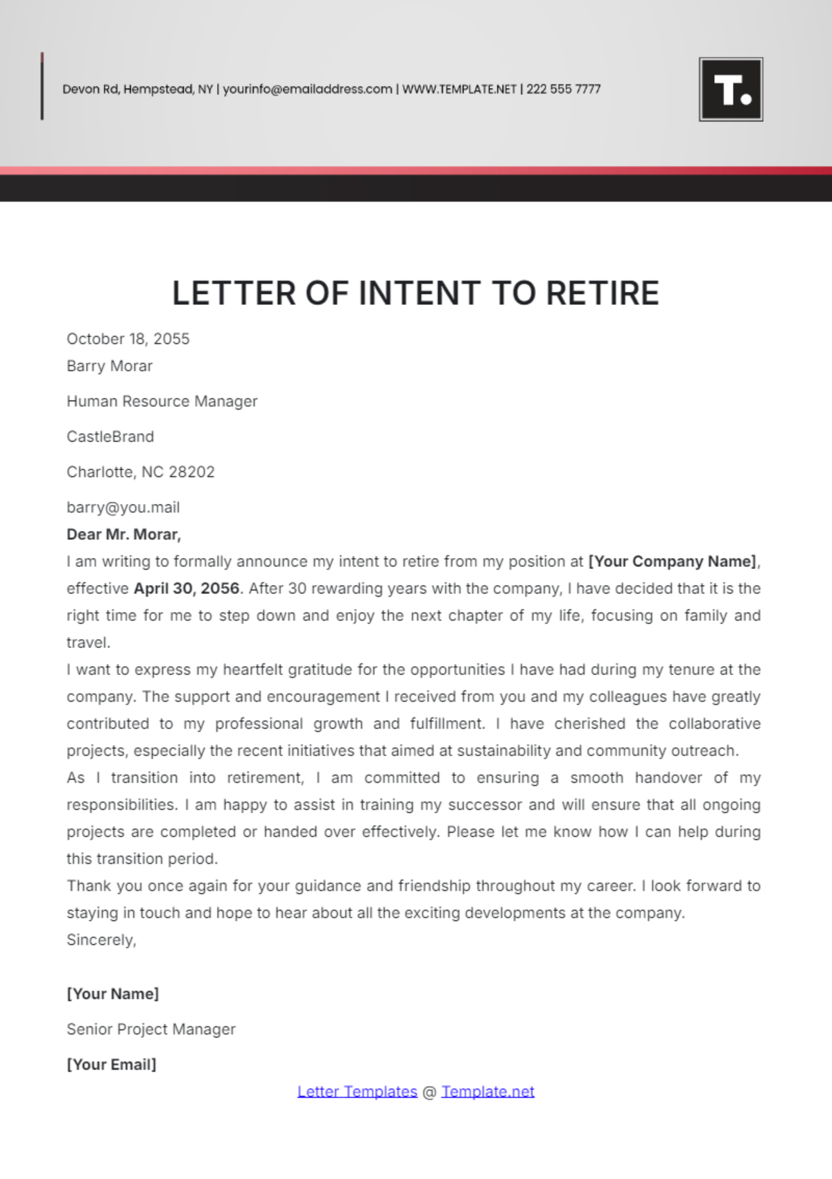 Letter of Intent to Retire Template - Edit Online & Download