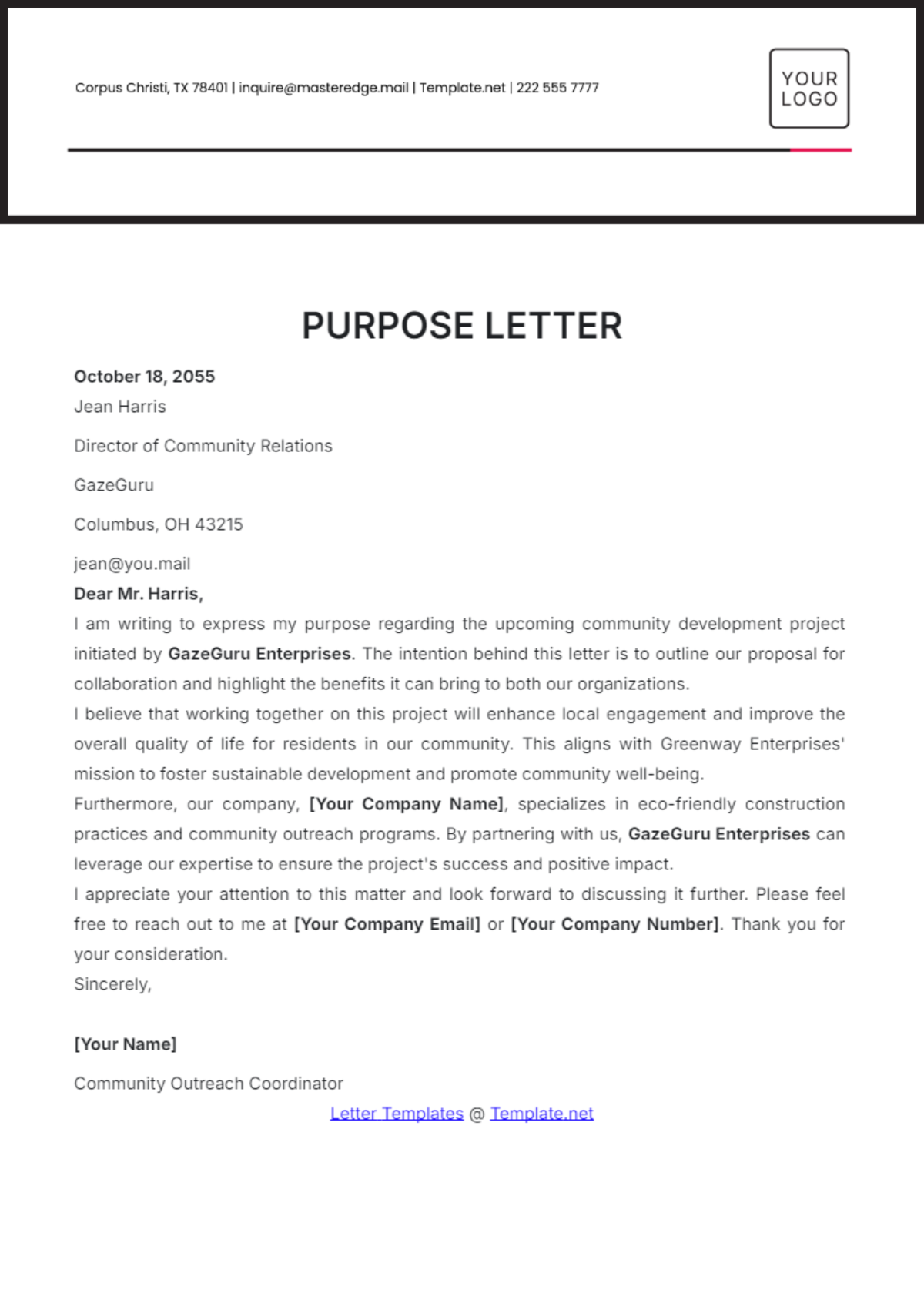 Purpose Letter Template - Edit Online & Download