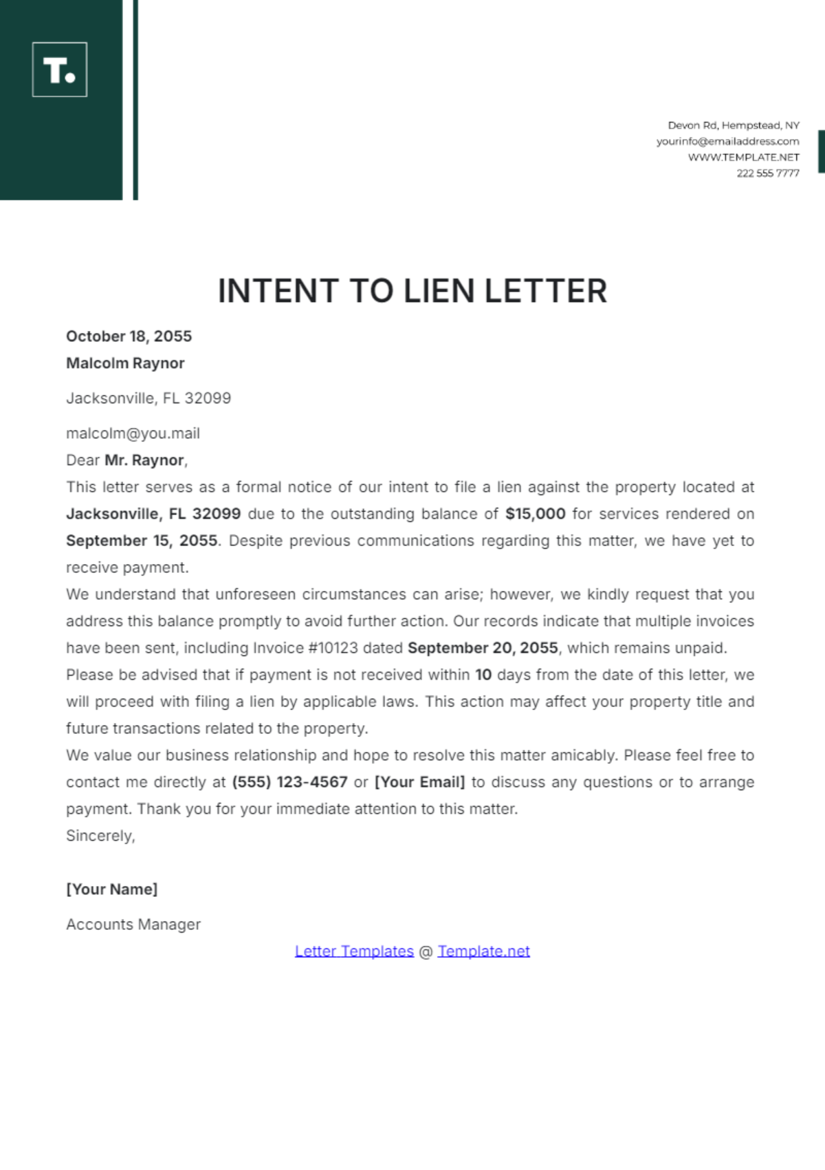 Intent to Lien Letter Template - Edit Online & Download