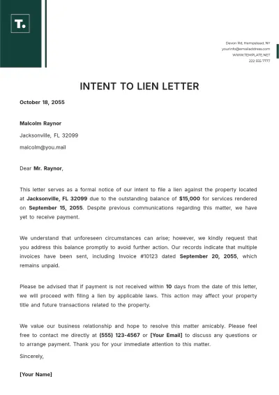 Free Intent to Lien Letter Template to Edit Online