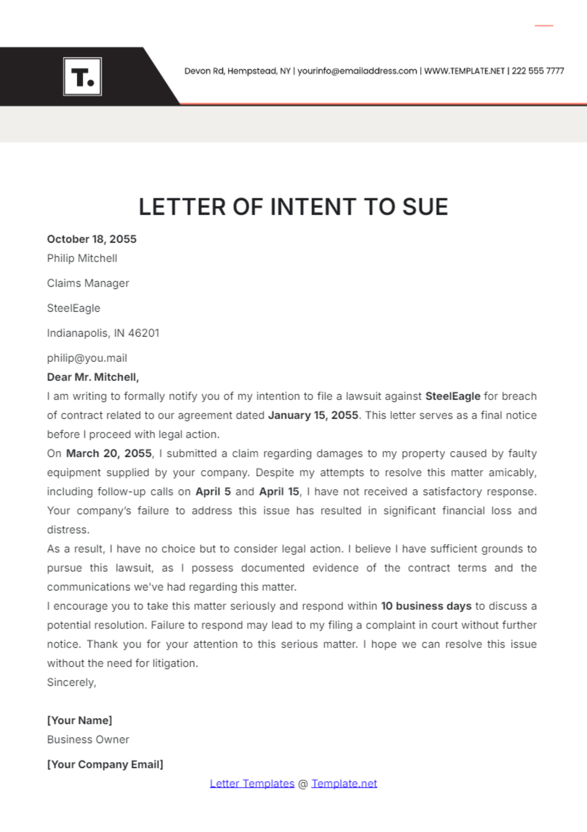 Letter of Intent to Sue Template - Edit Online & Download