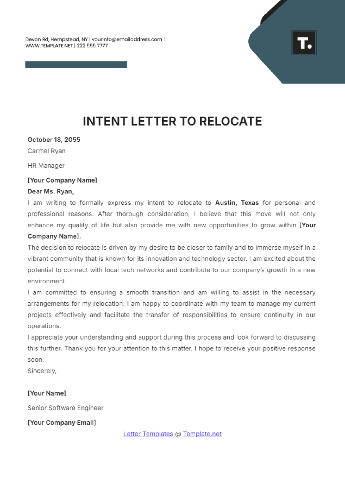 Intent Letter to Relocate Template - Edit Online & Download