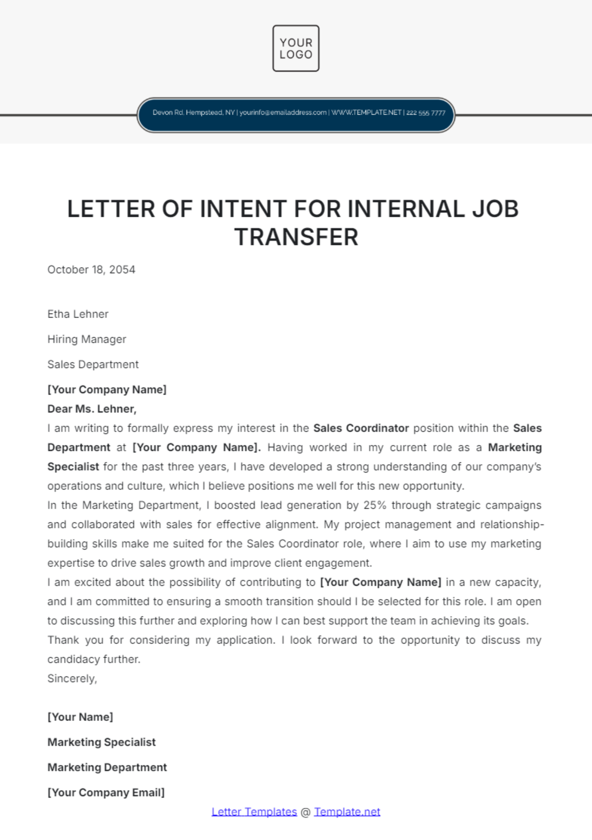 Letter of Intent for Internal Job Transfer Template - Edit Online & Download