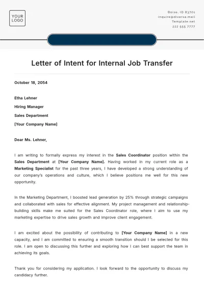 Free Letter of Intent for Internal Job Transfer Template to Edit Online