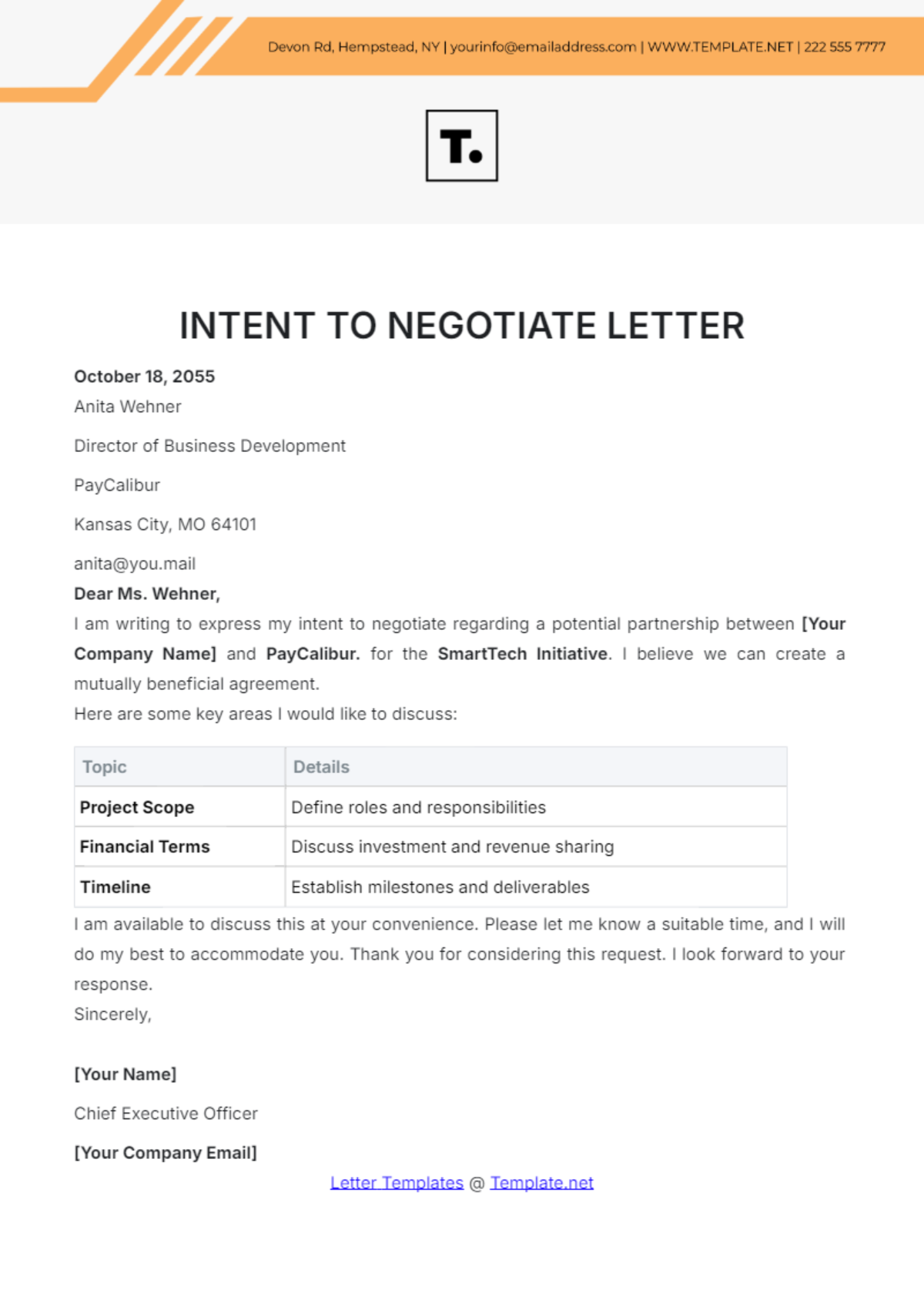 Intent to Negotiate Letter Template - Edit Online & Download