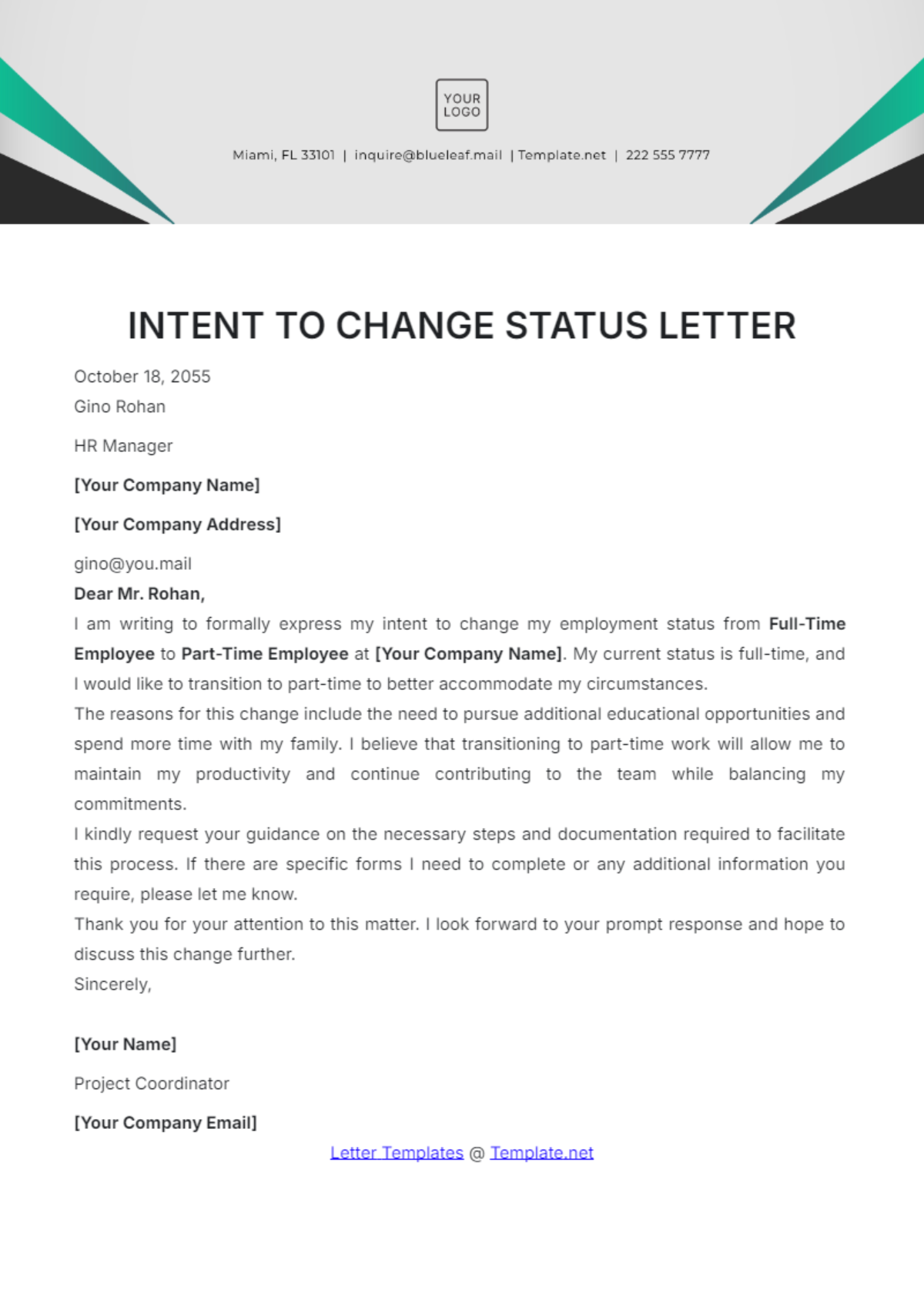 Intent to Change Status Letter Template - Edit Online & Download