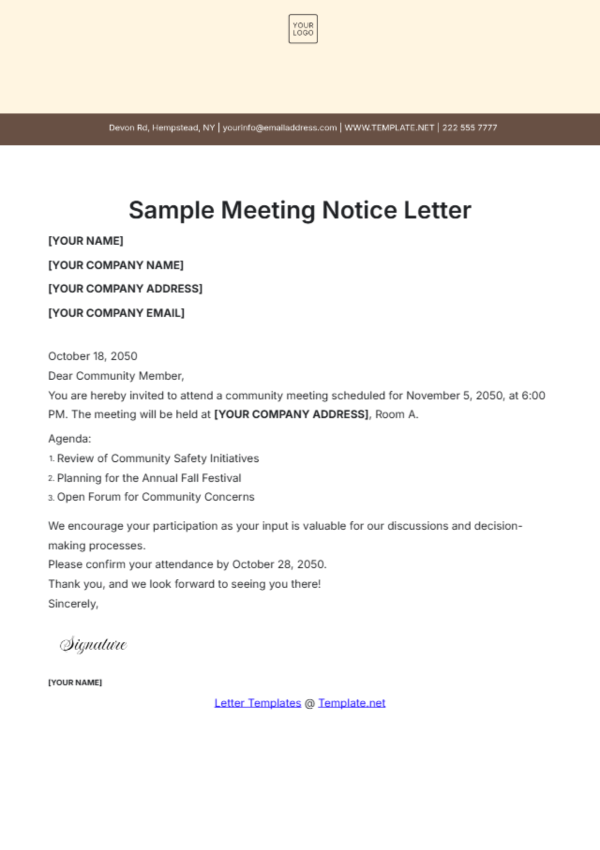 Sample Meeting Notice Letter Template - Edit Online & Download