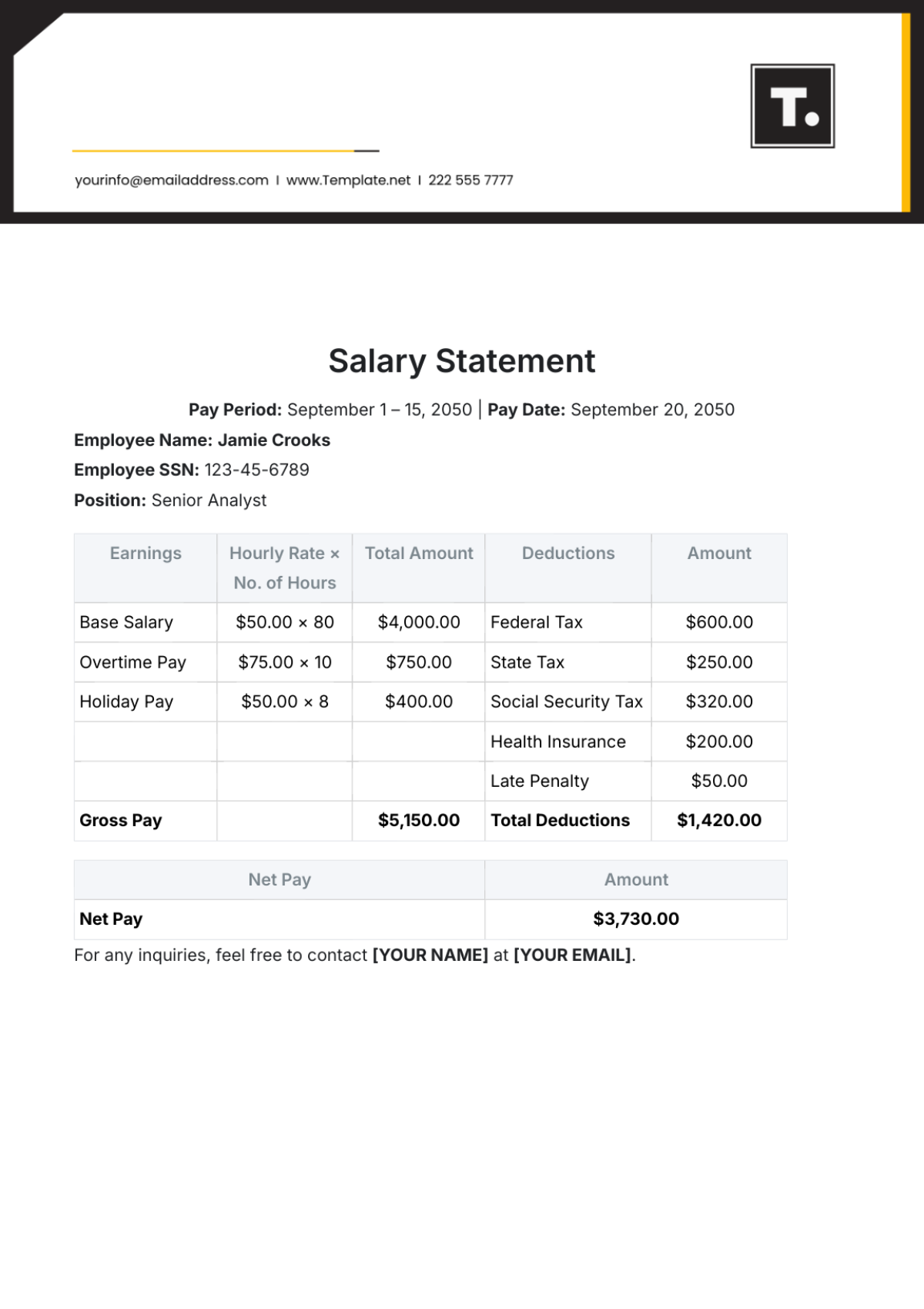 Salary Statement Template - Edit Online & Download