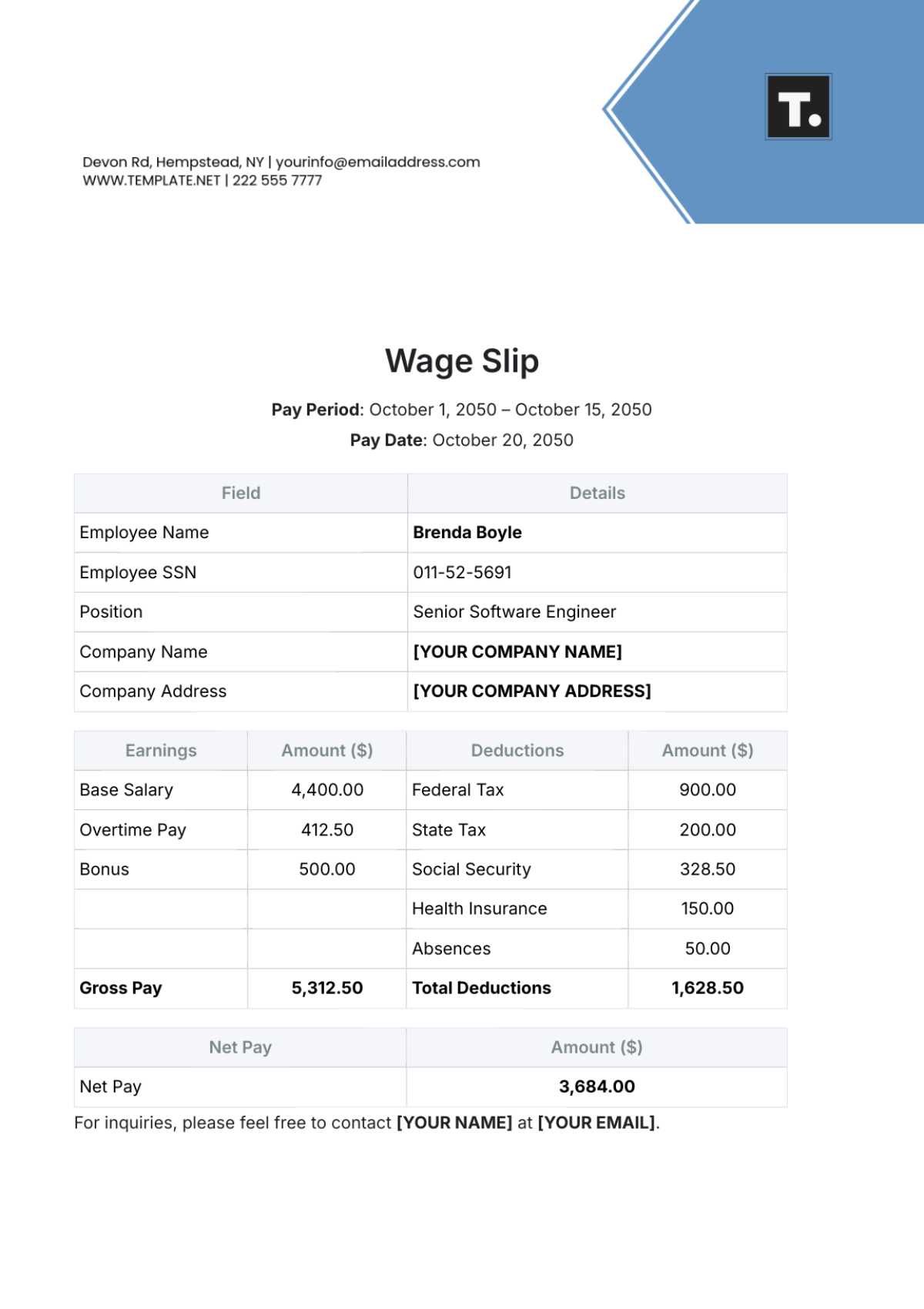 Wage Slip Template - Edit Online & Download