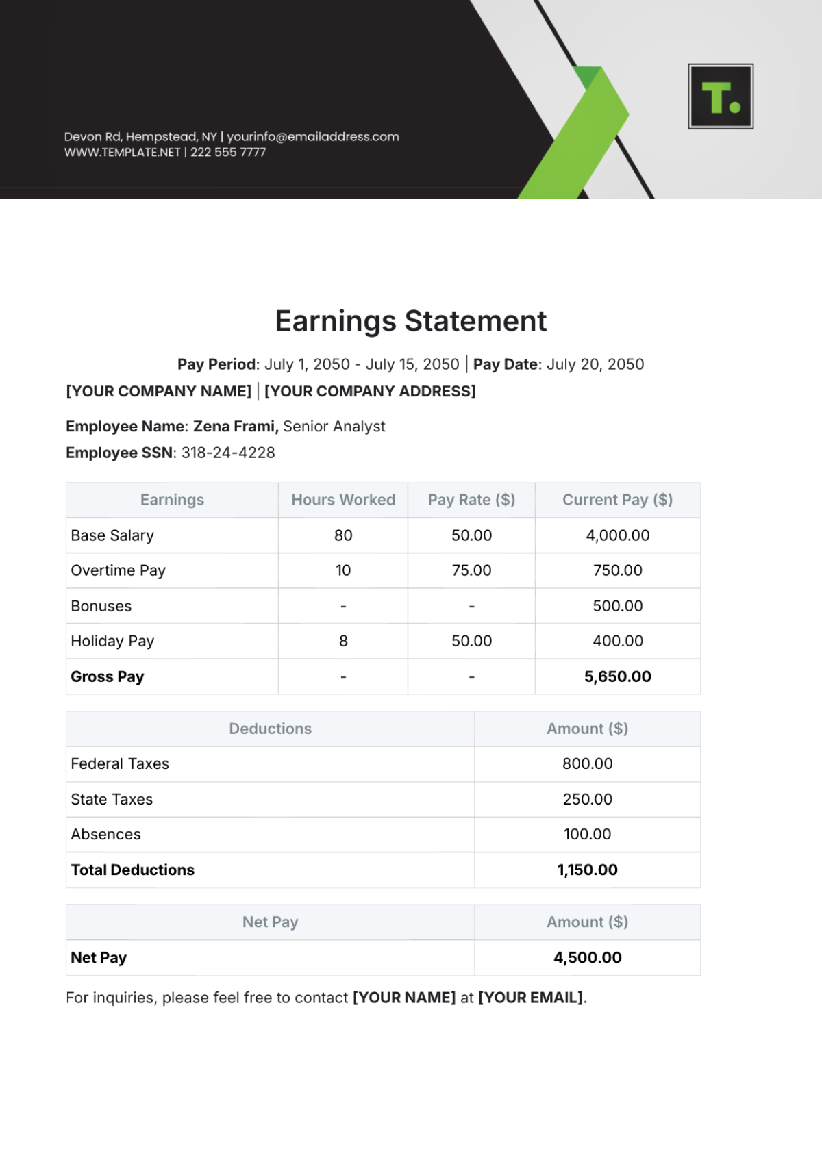 Earnings Statement Template - Edit Online & Download