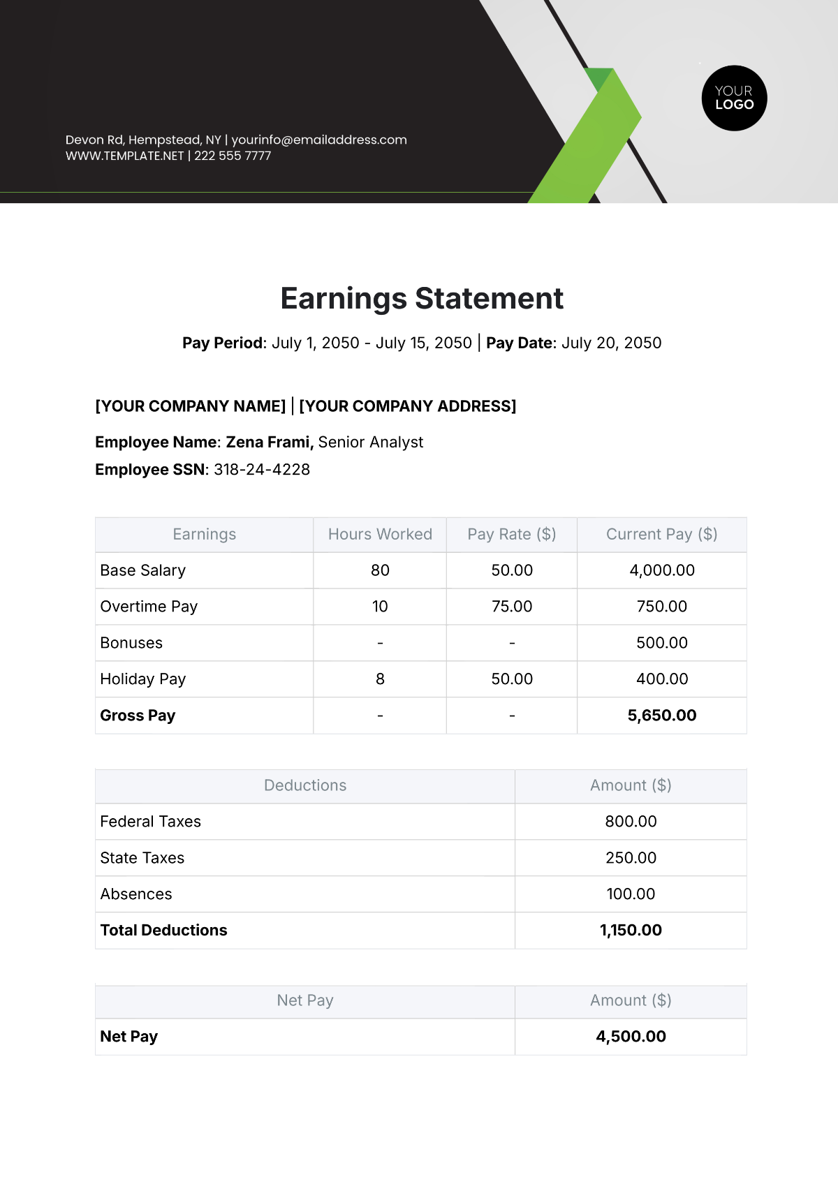 Professional Earnings Statement Template - Edit Online & Download