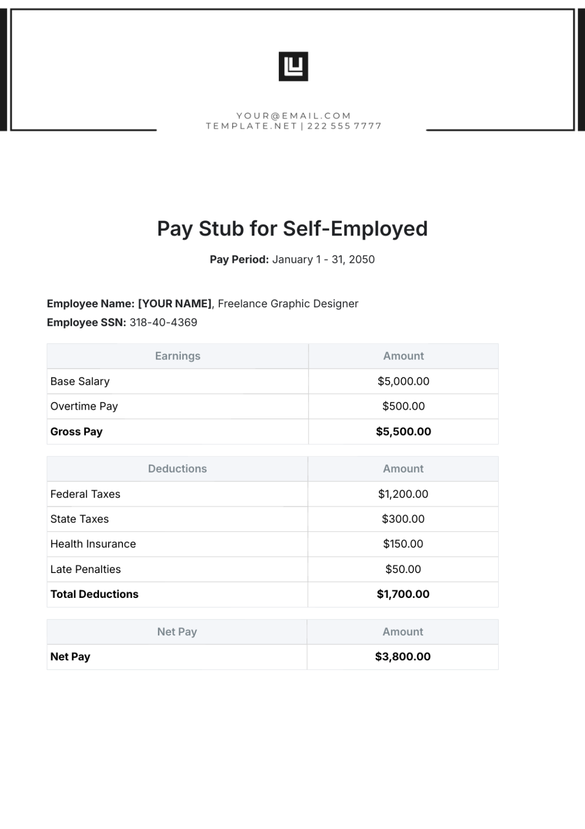 Free Pay Stub for Self-Employed Template