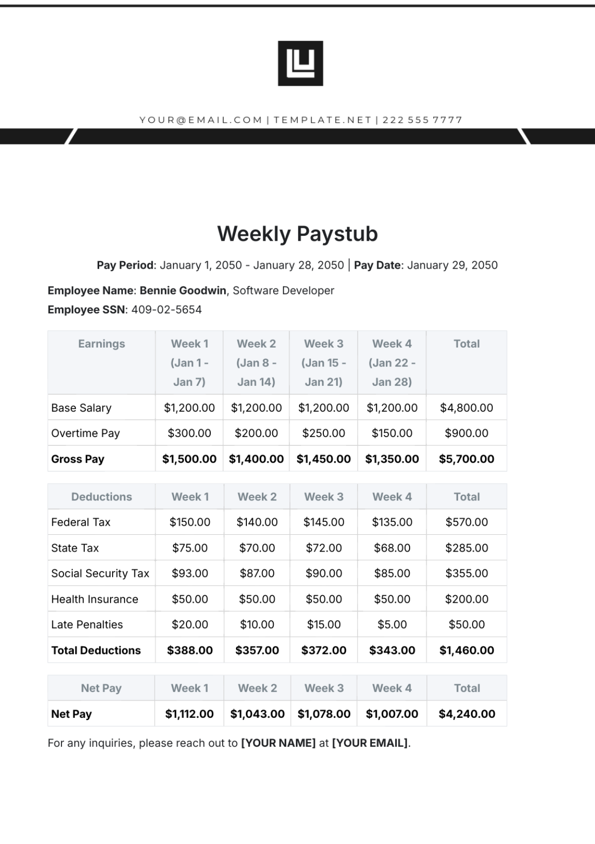 Weekly Paystub Template - Edit Online & Download