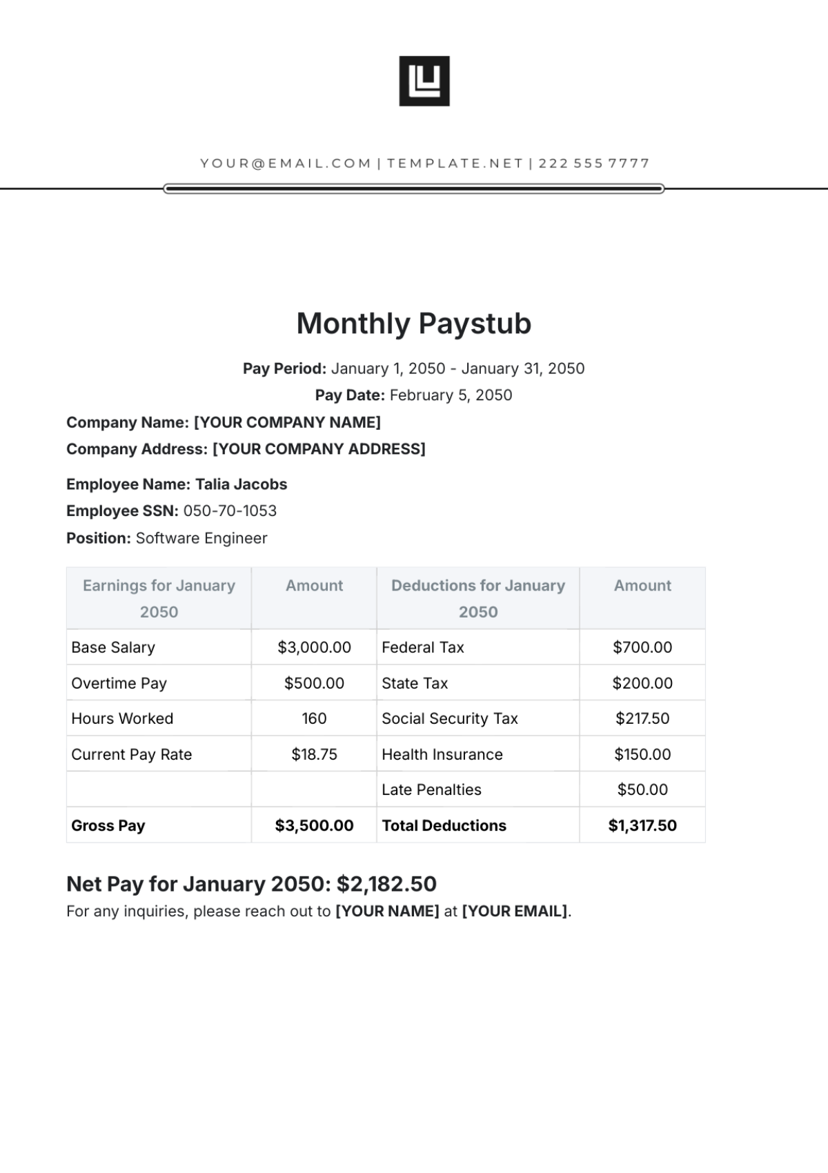 Monthly Paystub Template - Edit Online & Download