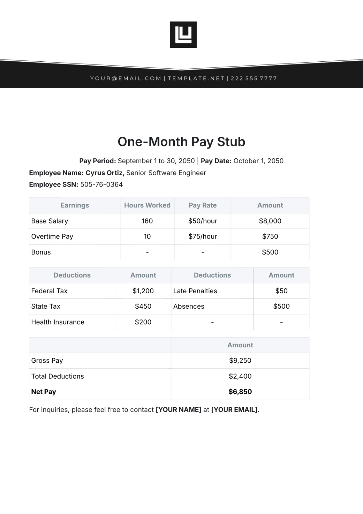 One-Month Pay Stub Template - Edit Online & Download