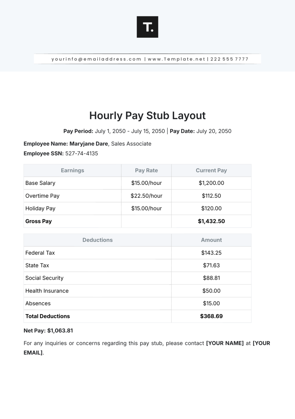 Free Hourly Pay Stub Layout Template