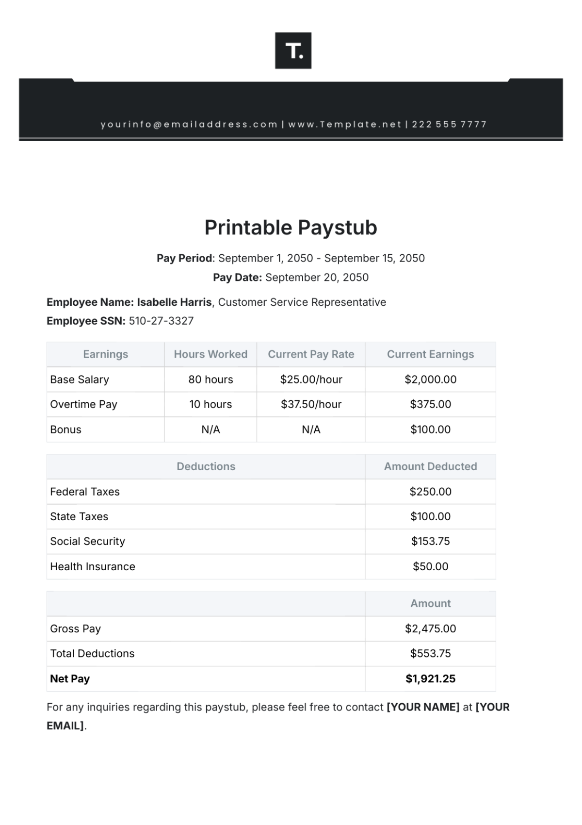 Printable Paystub Template - Edit Online & Download