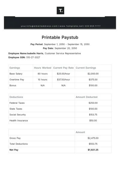 Free Printable Paystub Template to Edit Online
