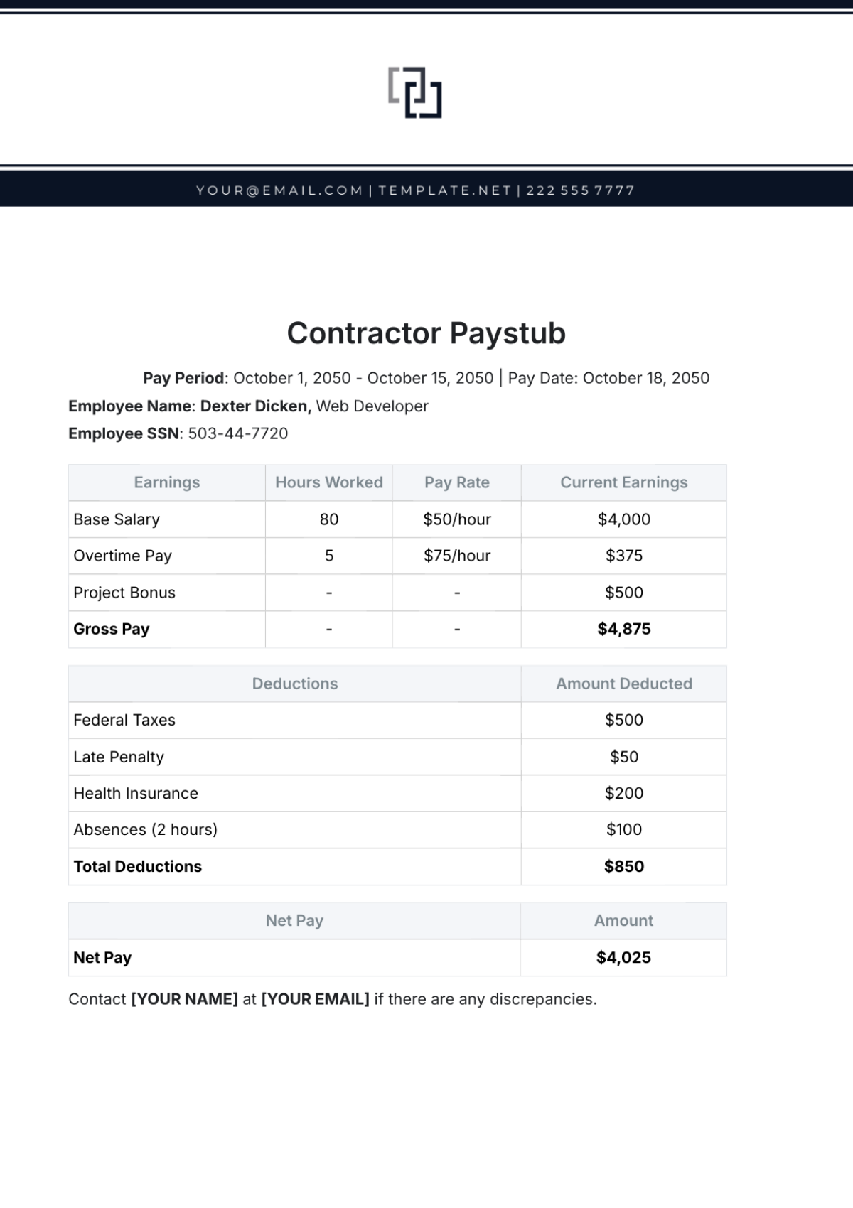 Contractor Paystub Template - Edit Online & Download