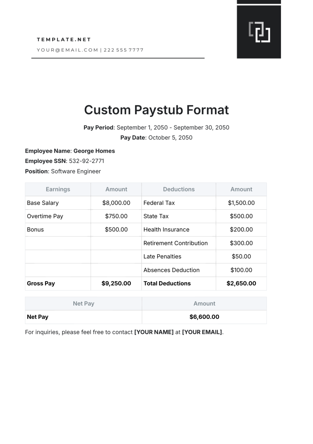 Custom Paystub Format Template - Edit Online & Download