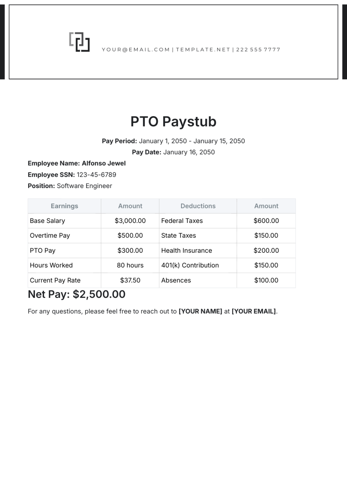 Free PTO Paystub Template