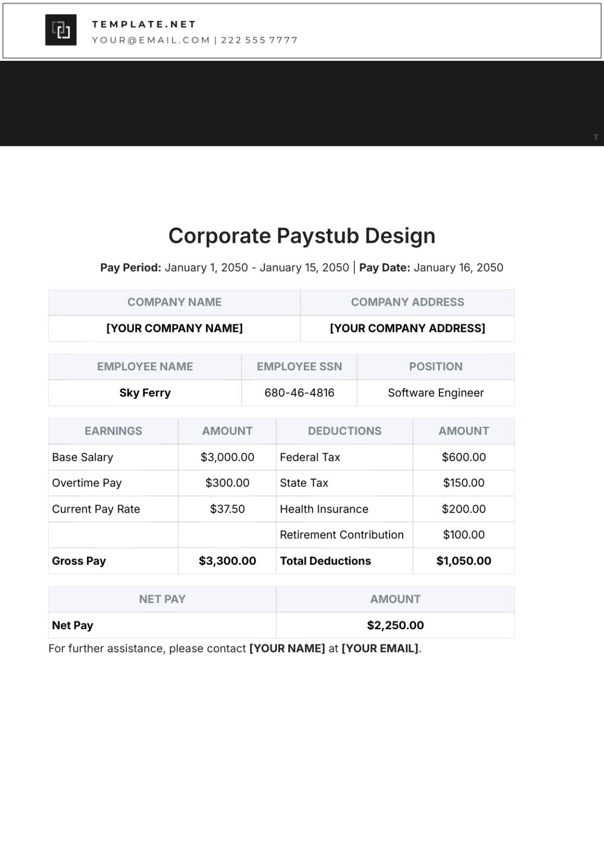 Corporate Paystub Design Template - Edit Online & Download