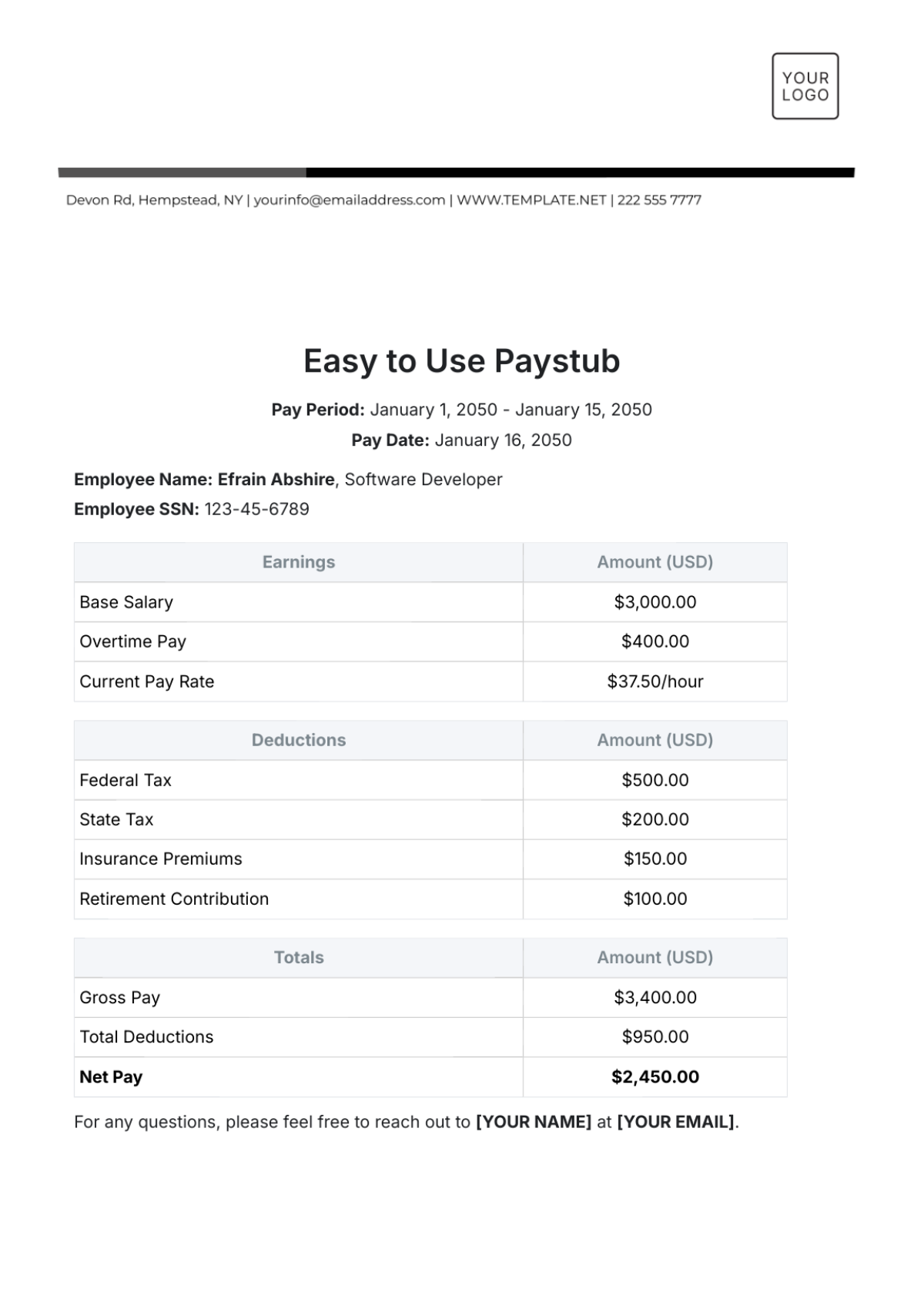 Easy to Use Paystub Template - Edit Online & Download