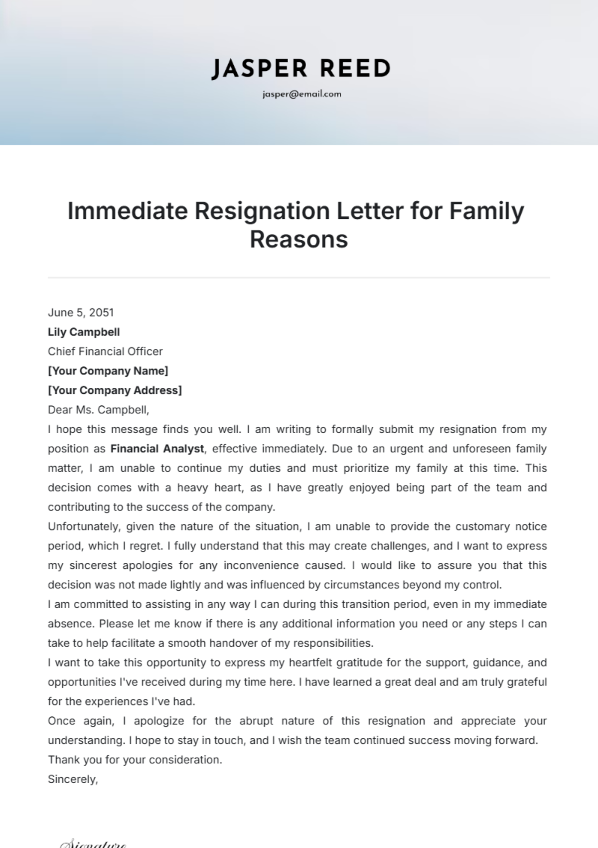 Immediate Resignation Letter for Family Reasons Template - Edit Online & Download