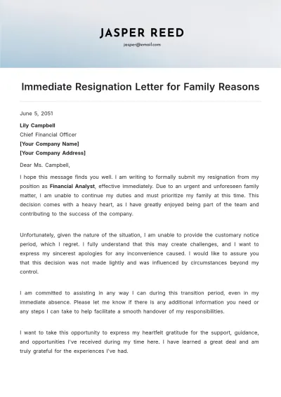 Free Immediate Resignation Letter for Family Reasons Template to Edit Online