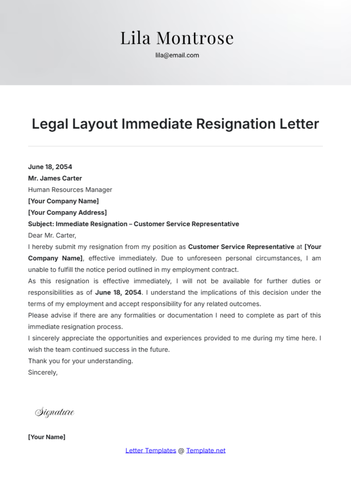 Legal Layout Immediate Resignation Letter Template - Edit Online & Download