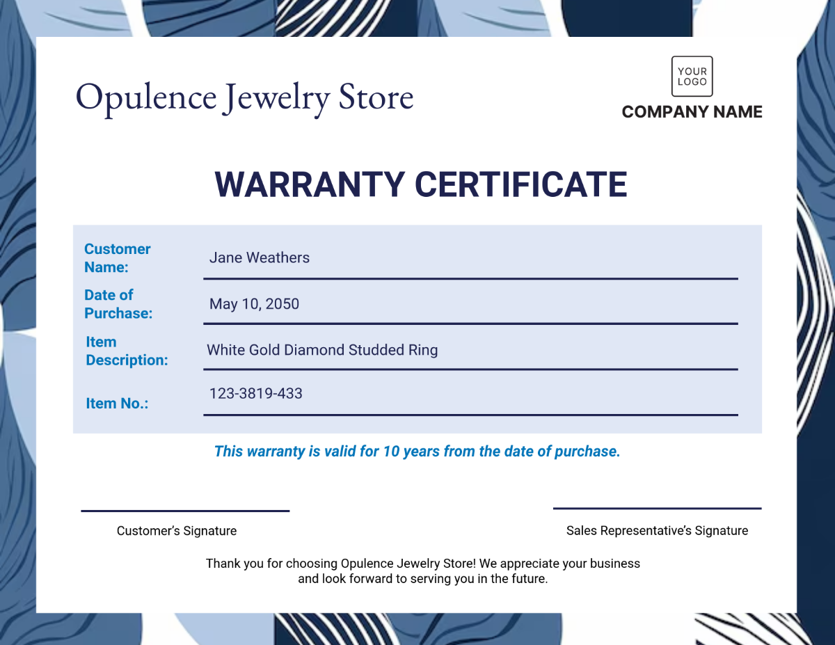 Jewelry Store Warranty Certificate Template