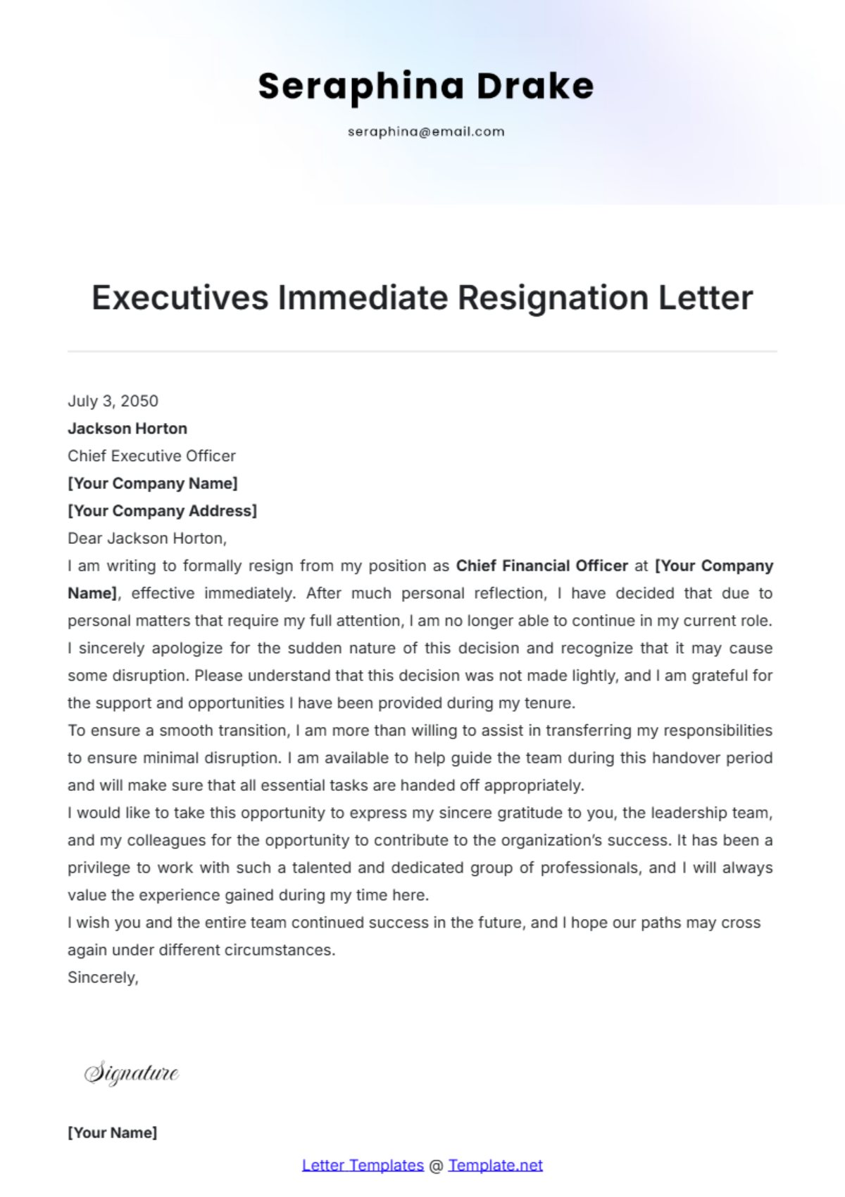 Executives Immediate Resignation Letter Template - Edit Online & Download