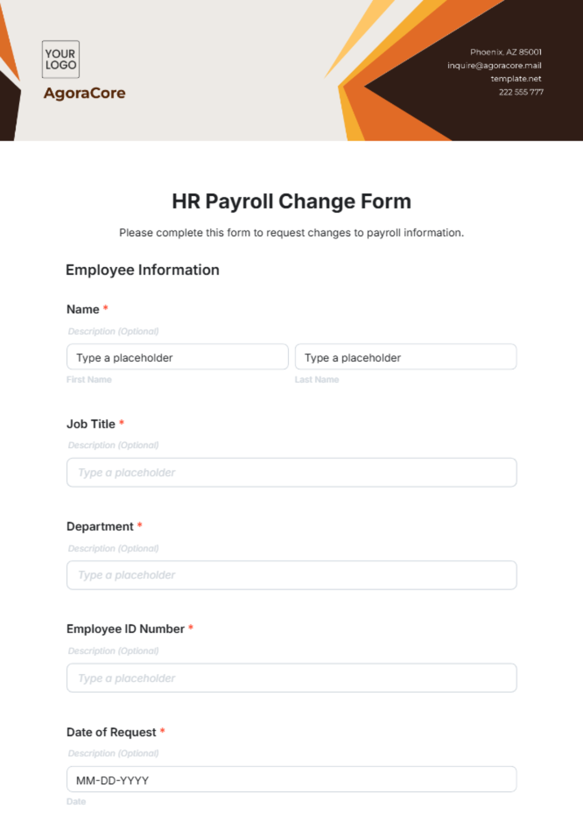 Free HR Payroll Change Form Template