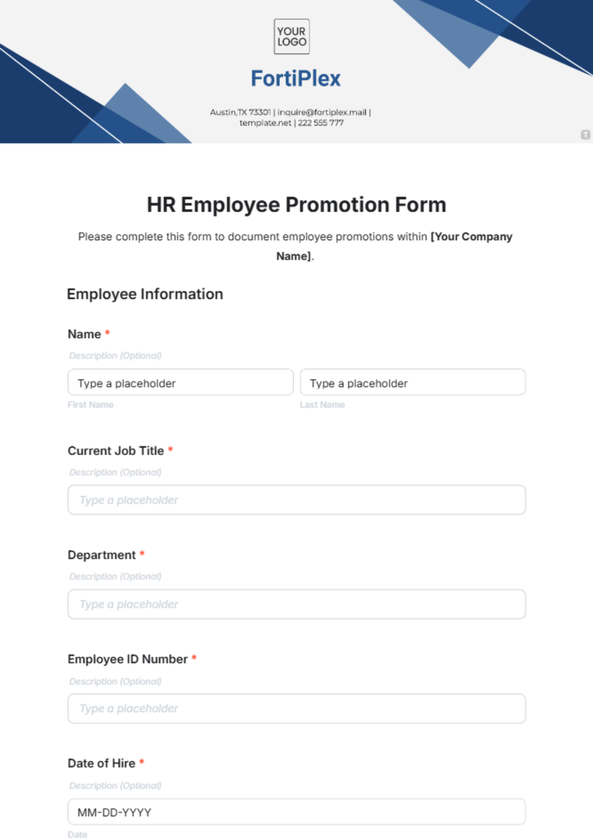 Free HR Employee Promotion Form Template