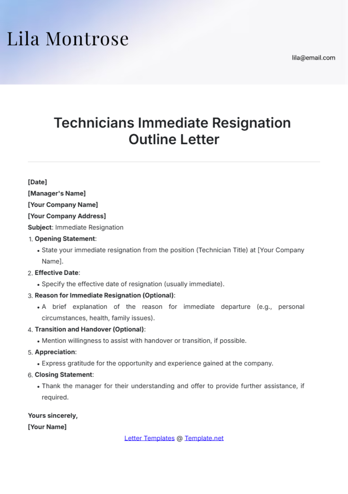 Technicians Immediate Resignation Outline Letter Template - Edit Online & Download