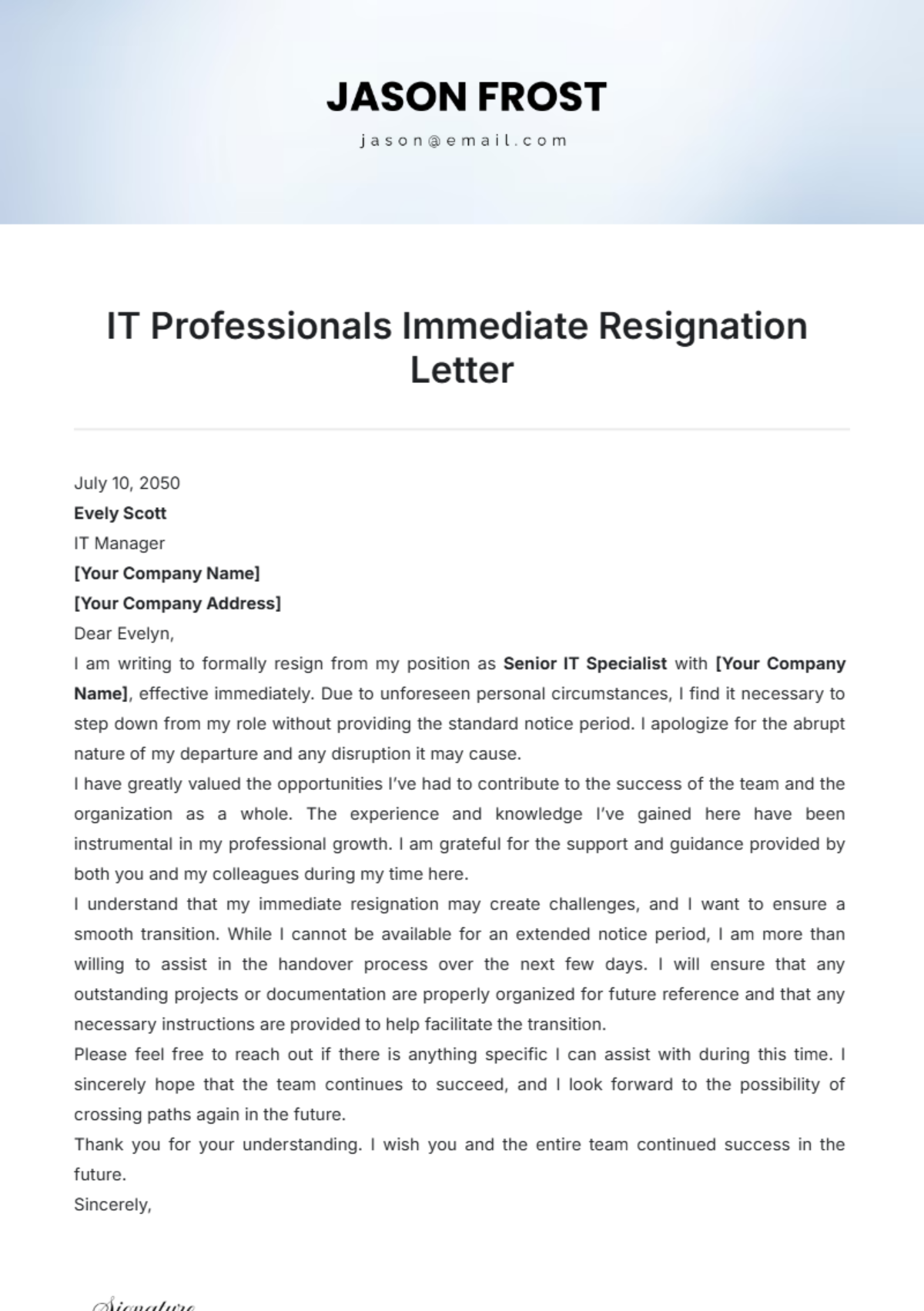 IT Professionals Immediate Resignation Letter Template - Edit Online & Download