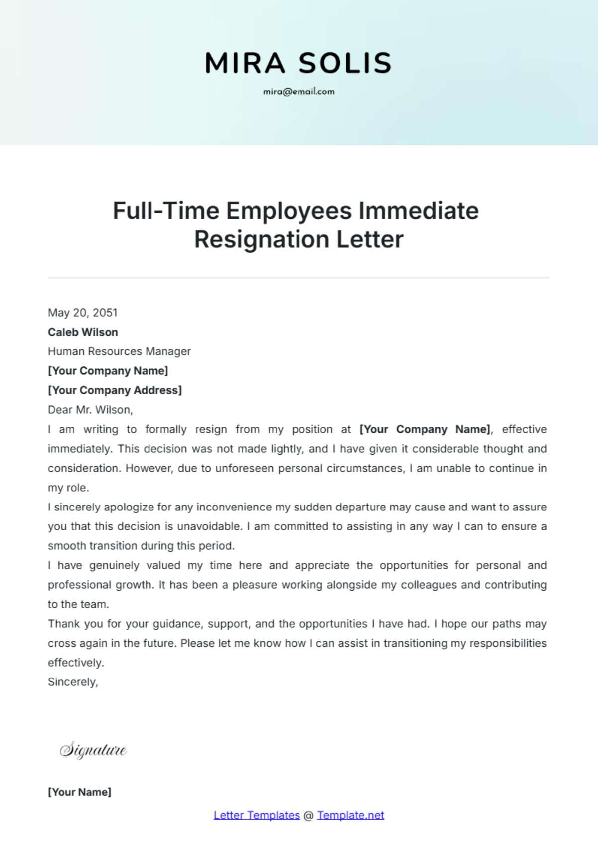 Full-Time Employees Immediate Resignation Letter Template - Edit Online & Download