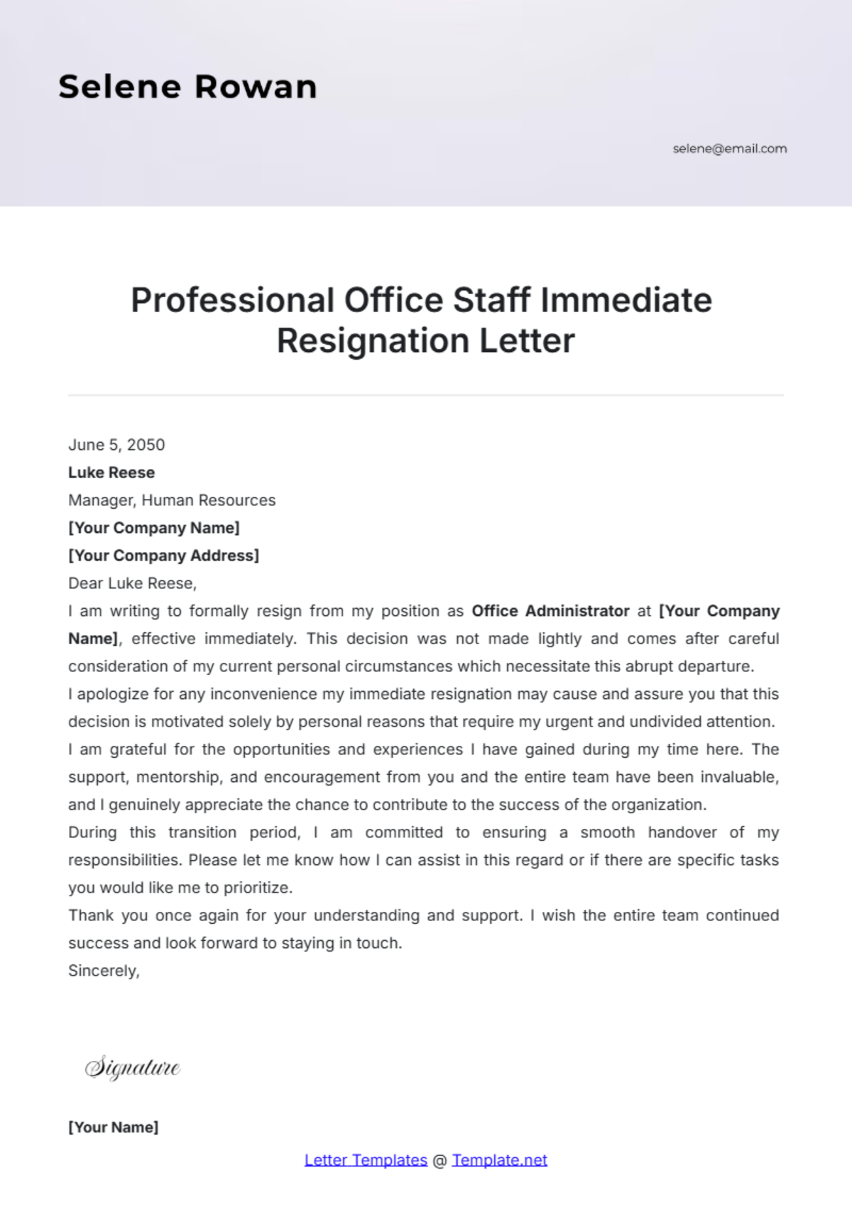 Professional Office Staff Immediate Resignation Letter Template - Edit Online & Download