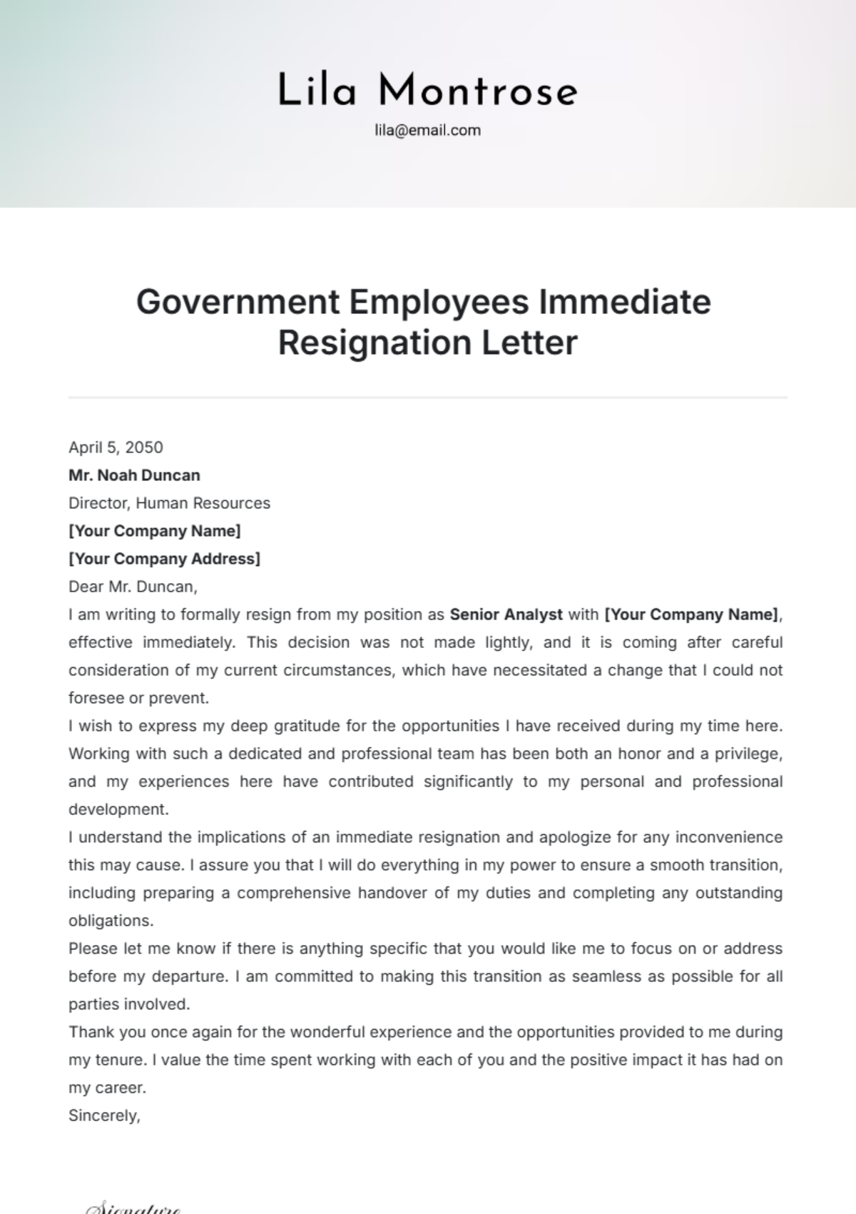 Government Employees Immediate Resignation Letter Template - Edit Online & Download