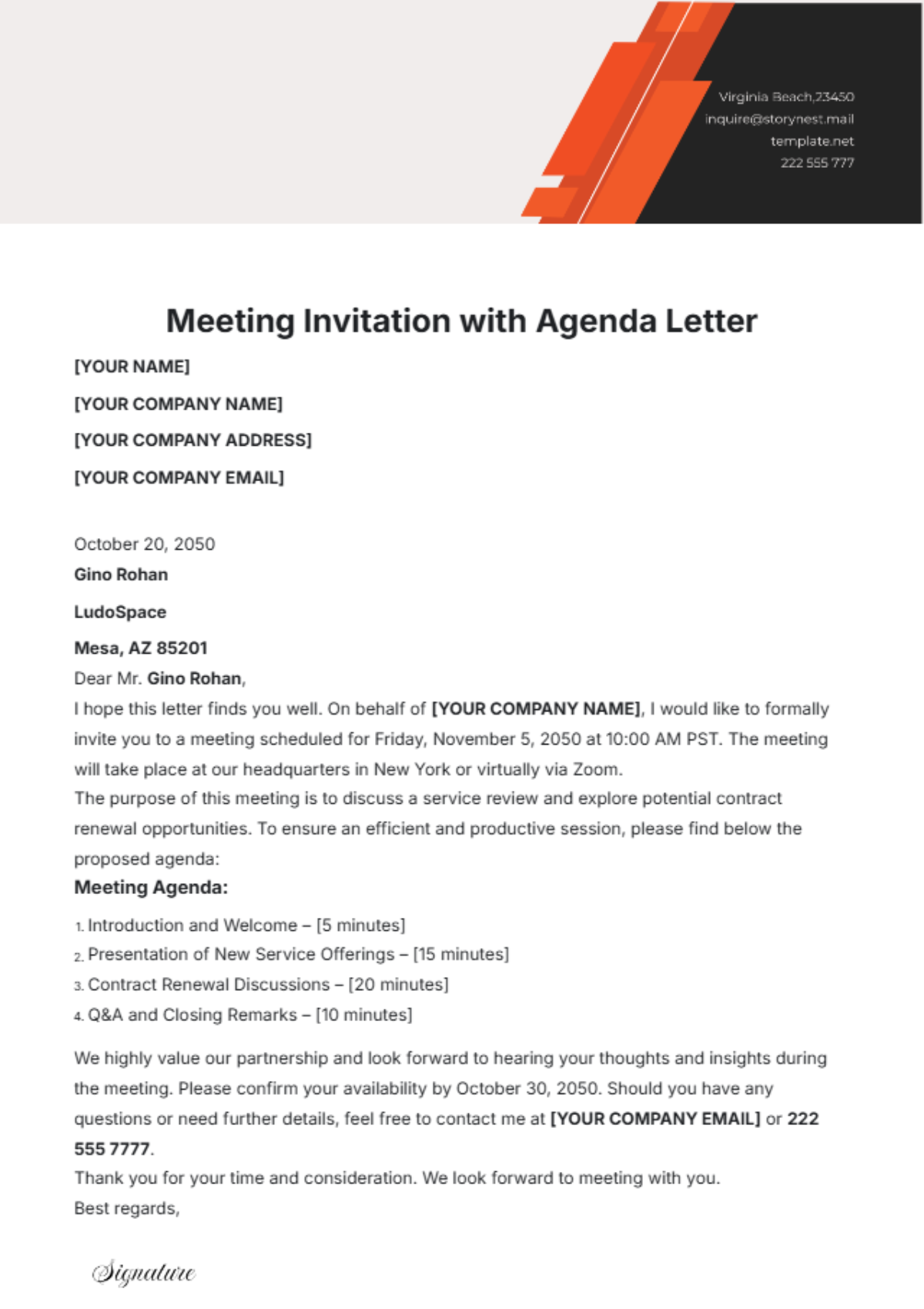 Meeting Invitation with Agenda Letter Template - Edit Online & Download